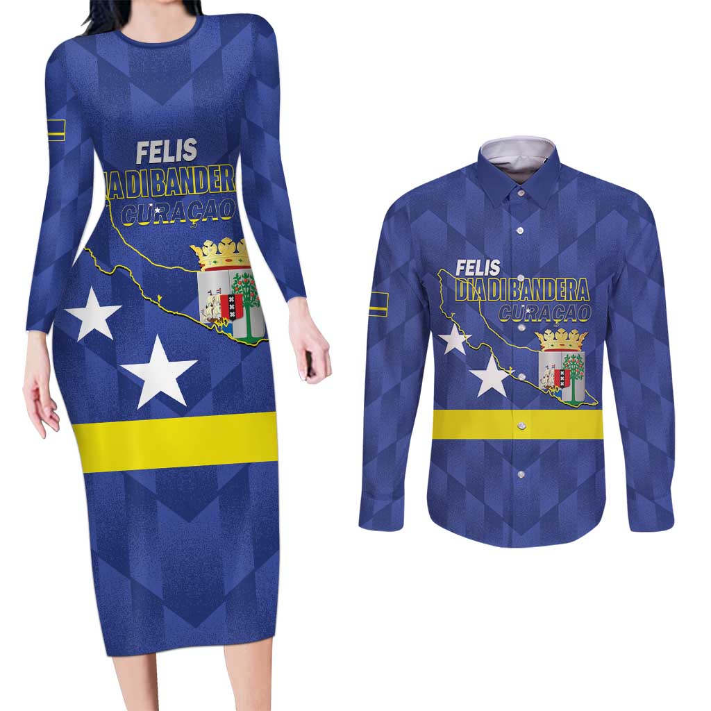 Felis Dia di Bandera Curacao Couples Matching Long Sleeve Bodycon Dress and Long Sleeve Button Shirt Flag Proud - Wonder Print Shop
