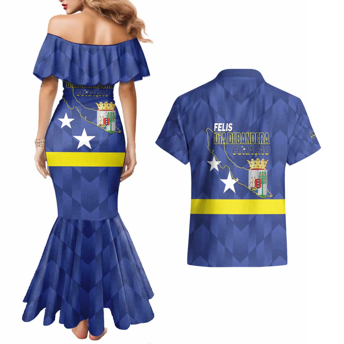 Felis Dia di Bandera Curacao Couples Matching Mermaid Dress and Hawaiian Shirt Flag Proud - Wonder Print Shop