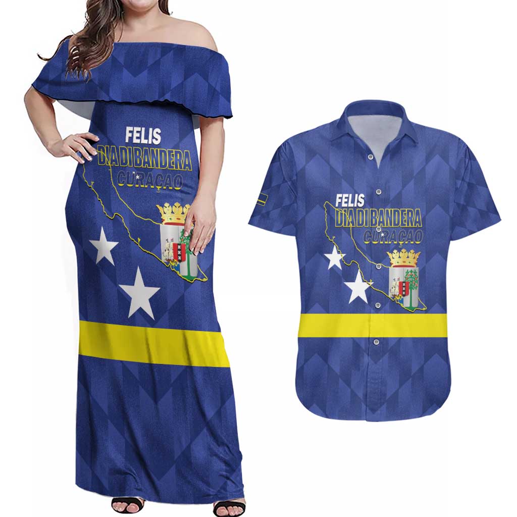 Felis Dia di Bandera Curacao Couples Matching Off Shoulder Maxi Dress and Hawaiian Shirt Flag Proud - Wonder Print Shop