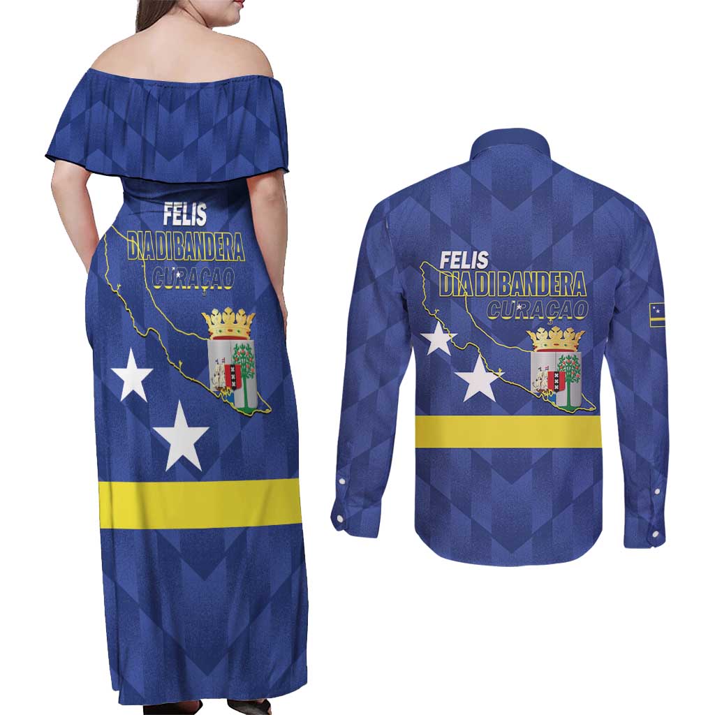 Felis Dia di Bandera Curacao Couples Matching Off Shoulder Maxi Dress and Long Sleeve Button Shirt Flag Proud - Wonder Print Shop