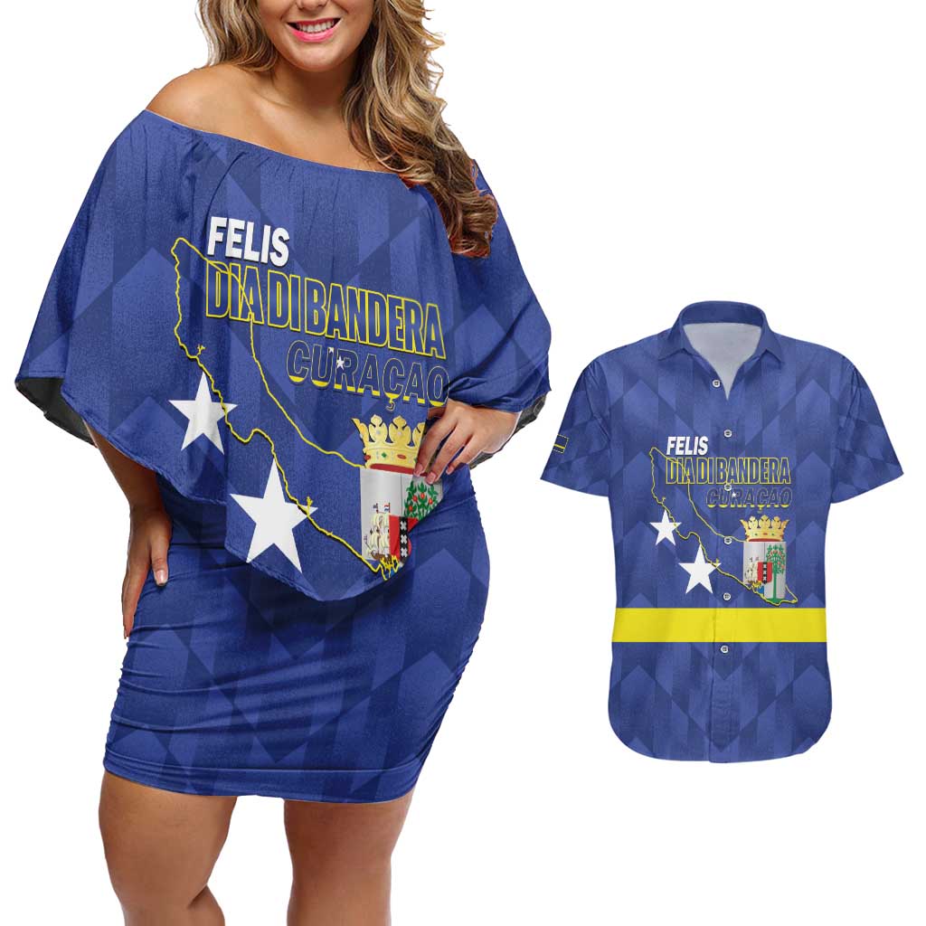 Felis Dia di Bandera Curacao Couples Matching Off Shoulder Short Dress and Hawaiian Shirt Flag Proud - Wonder Print Shop