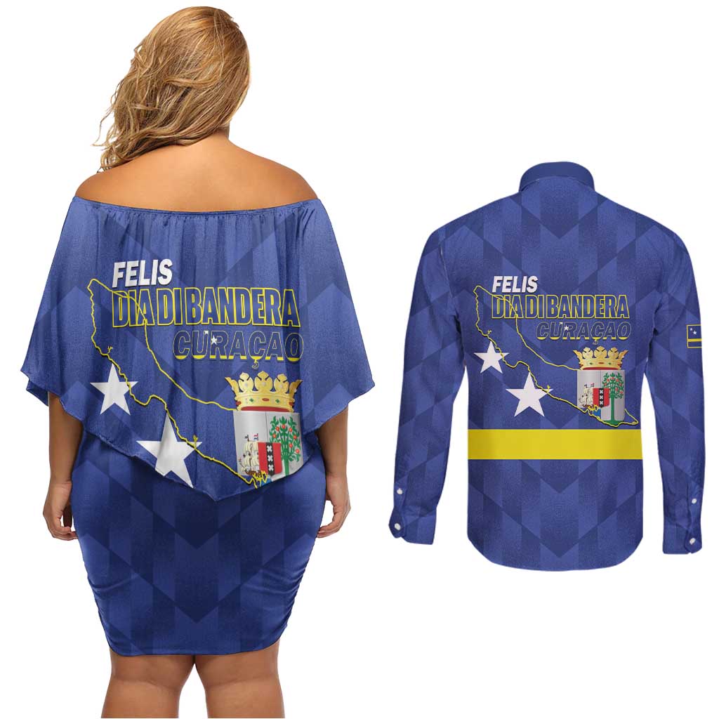 Felis Dia di Bandera Curacao Couples Matching Off Shoulder Short Dress and Long Sleeve Button Shirt Flag Proud - Wonder Print Shop