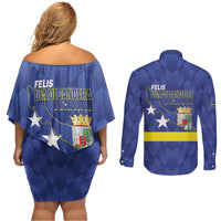 Felis Dia di Bandera Curacao Couples Matching Off Shoulder Short Dress and Long Sleeve Button Shirt Flag Proud - Wonder Print Shop