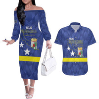 Felis Dia di Bandera Curacao Couples Matching Off The Shoulder Long Sleeve Dress and Hawaiian Shirt Flag Proud - Wonder Print Shop