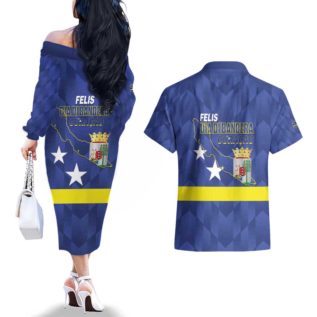 Felis Dia di Bandera Curacao Couples Matching Off The Shoulder Long Sleeve Dress and Hawaiian Shirt Flag Proud - Wonder Print Shop