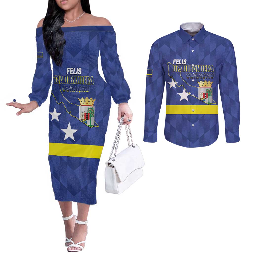 Felis Dia di Bandera Curacao Couples Matching Off The Shoulder Long Sleeve Dress and Long Sleeve Button Shirt Flag Proud - Wonder Print Shop