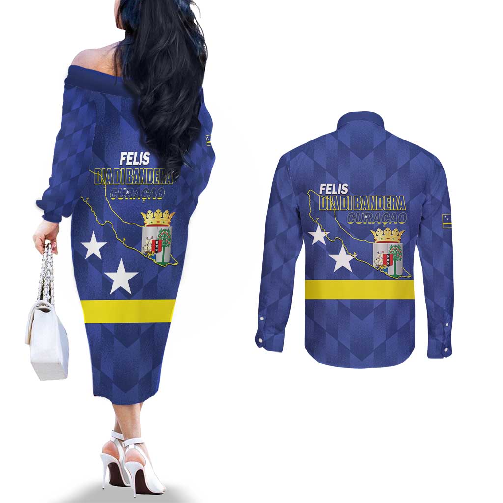 Felis Dia di Bandera Curacao Couples Matching Off The Shoulder Long Sleeve Dress and Long Sleeve Button Shirt Flag Proud - Wonder Print Shop