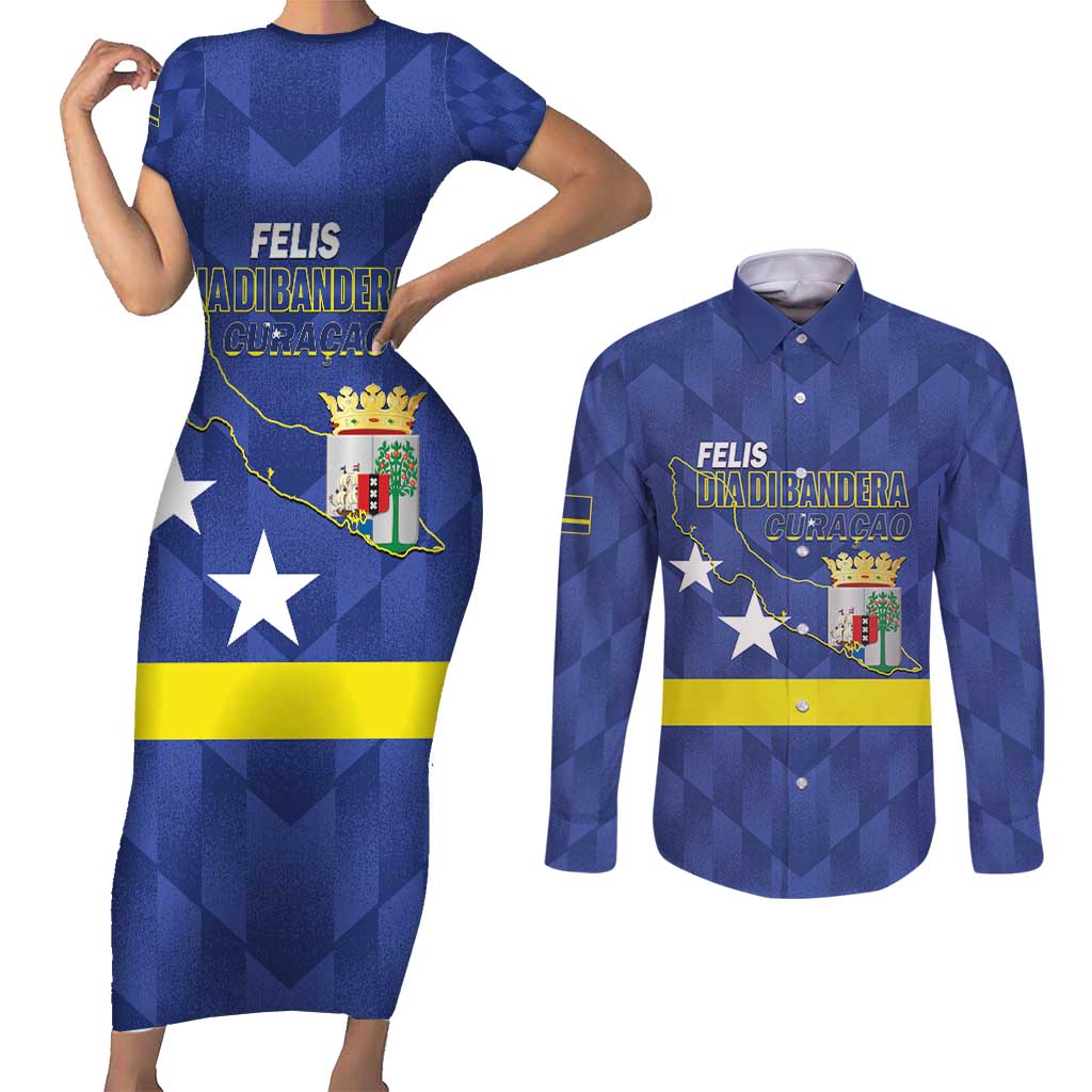 Felis Dia di Bandera Curacao Couples Matching Short Sleeve Bodycon Dress and Long Sleeve Button Shirt Flag Proud - Wonder Print Shop