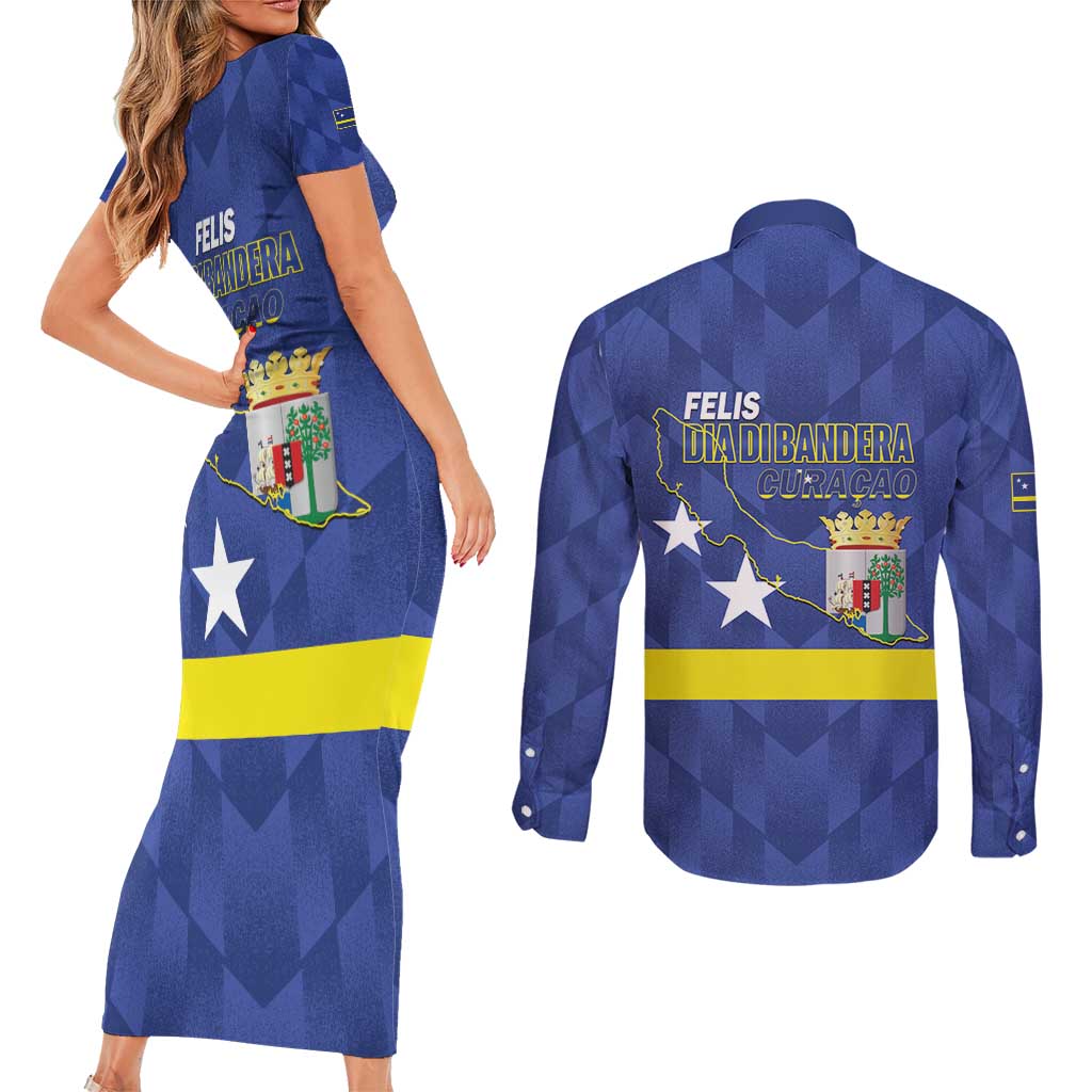 Felis Dia di Bandera Curacao Couples Matching Short Sleeve Bodycon Dress and Long Sleeve Button Shirt Flag Proud - Wonder Print Shop