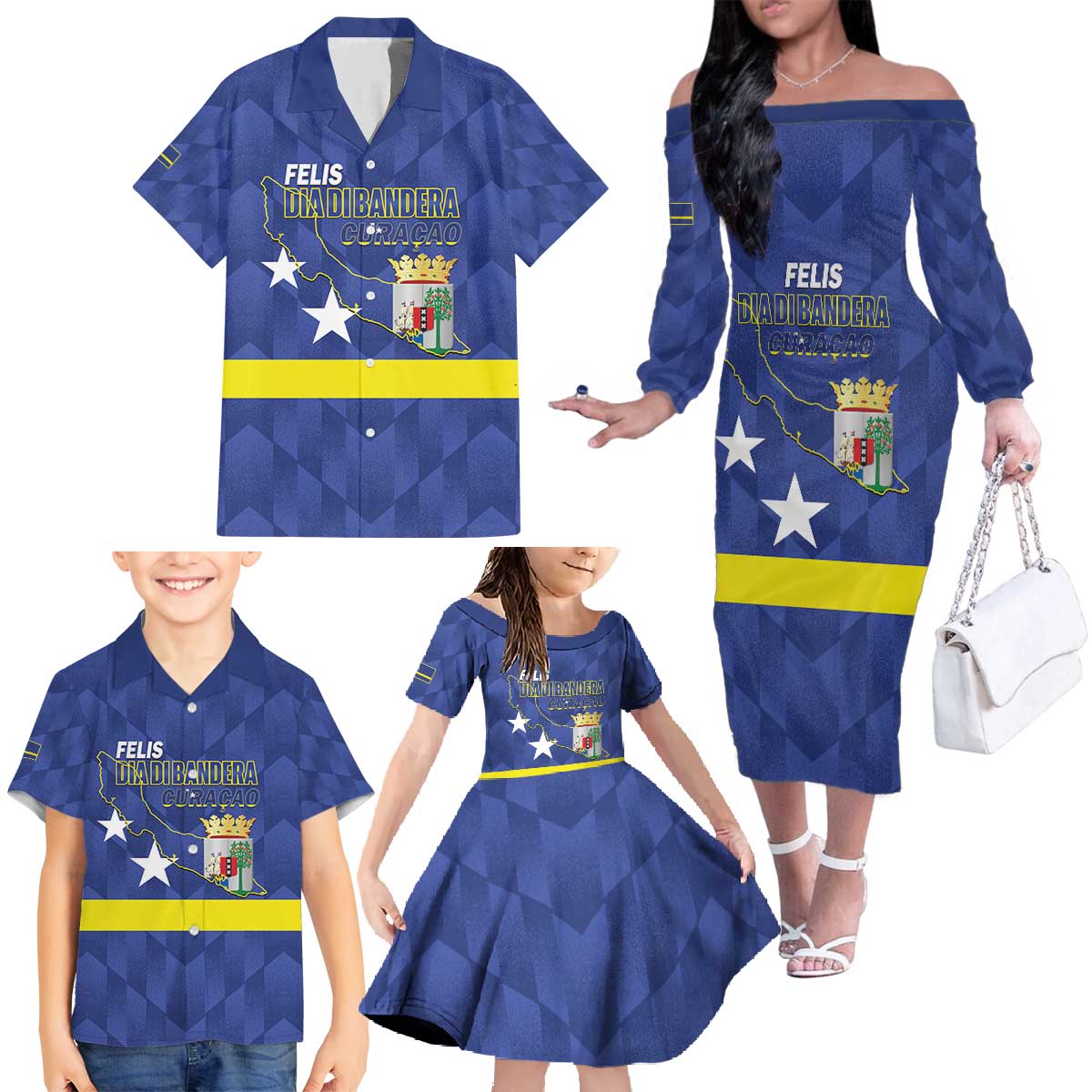 Felis Dia di Bandera Curacao Family Matching Off The Shoulder Long Sleeve Dress and Hawaiian Shirt Flag Proud - Wonder Print Shop