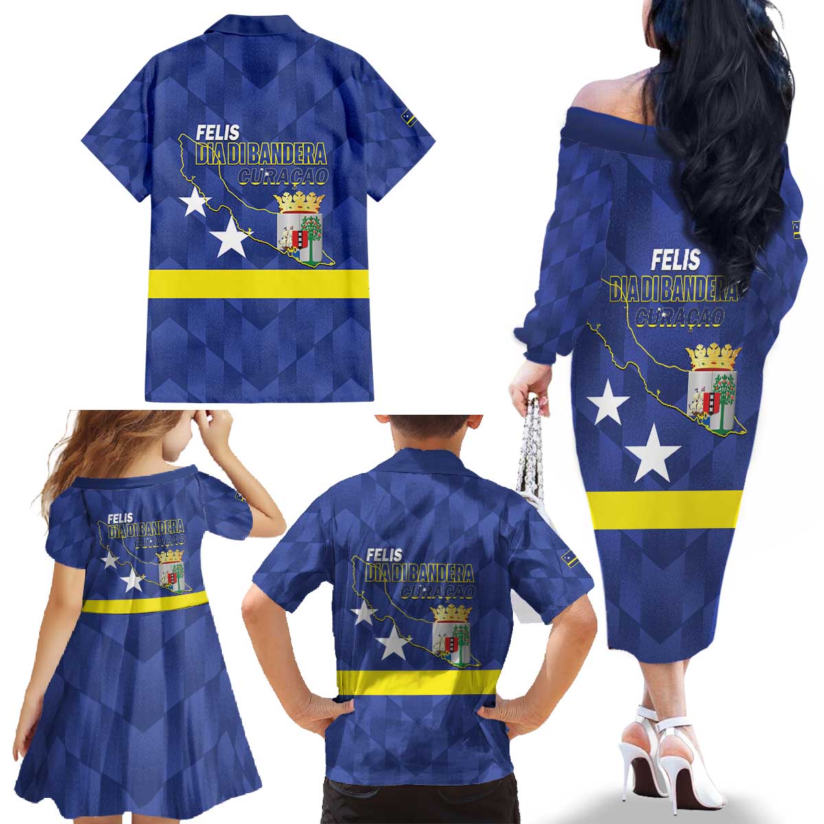 Felis Dia di Bandera Curacao Family Matching Off The Shoulder Long Sleeve Dress and Hawaiian Shirt Flag Proud - Wonder Print Shop