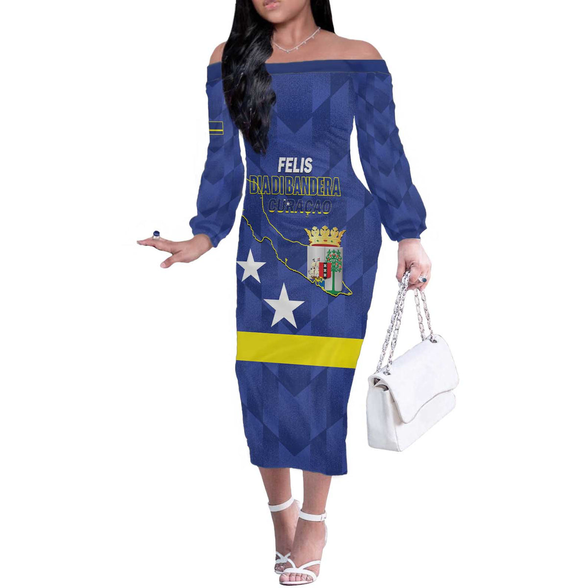 Felis Dia di Bandera Curacao Off The Shoulder Long Sleeve Dress Flag Proud - Wonder Print Shop