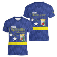 Felis Dia di Bandera Curacao Women V-Neck T-Shirt Flag Proud - Wonder Print Shop