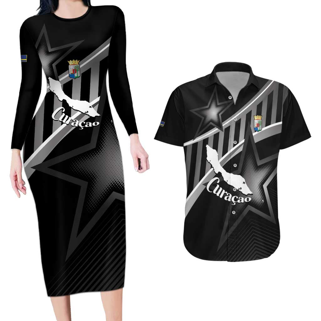Custom Curacao Football Couples Matching Long Sleeve Bodycon Dress and Hawaiian Shirt Go La Familia Azul Black Style - Wonder Print Shop