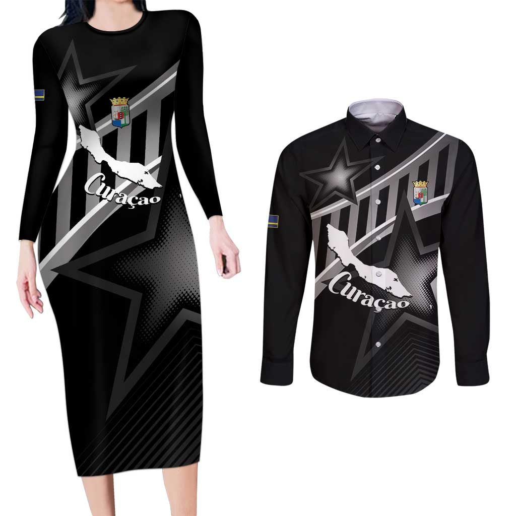 Custom Curacao Football Couples Matching Long Sleeve Bodycon Dress and Long Sleeve Button Shirt Go La Familia Azul Black Style - Wonder Print Shop