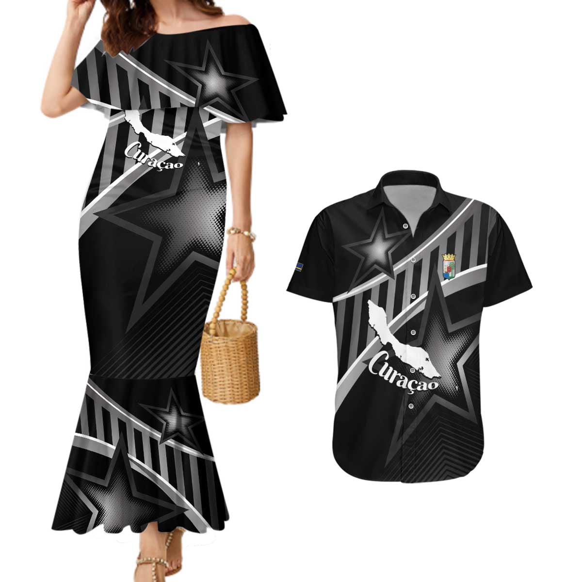Custom Curacao Football Couples Matching Mermaid Dress and Hawaiian Shirt Go La Familia Azul Black Style - Wonder Print Shop