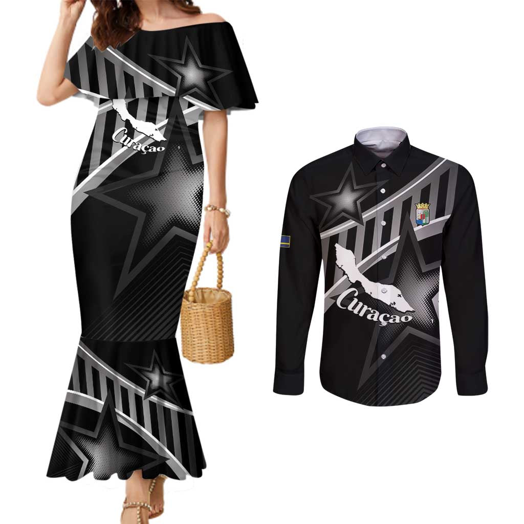 Custom Curacao Football Couples Matching Mermaid Dress and Long Sleeve Button Shirt Go La Familia Azul Black Style - Wonder Print Shop
