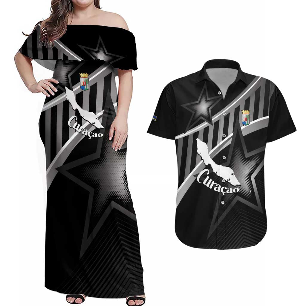 Custom Curacao Football Couples Matching Off Shoulder Maxi Dress and Hawaiian Shirt Go La Familia Azul Black Style - Wonder Print Shop
