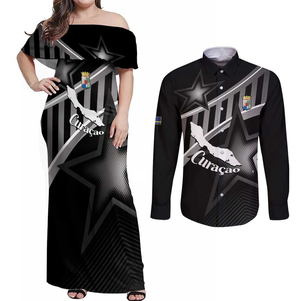 Custom Curacao Football Couples Matching Off Shoulder Maxi Dress and Long Sleeve Button Shirt Go La Familia Azul Black Style - Wonder Print Shop