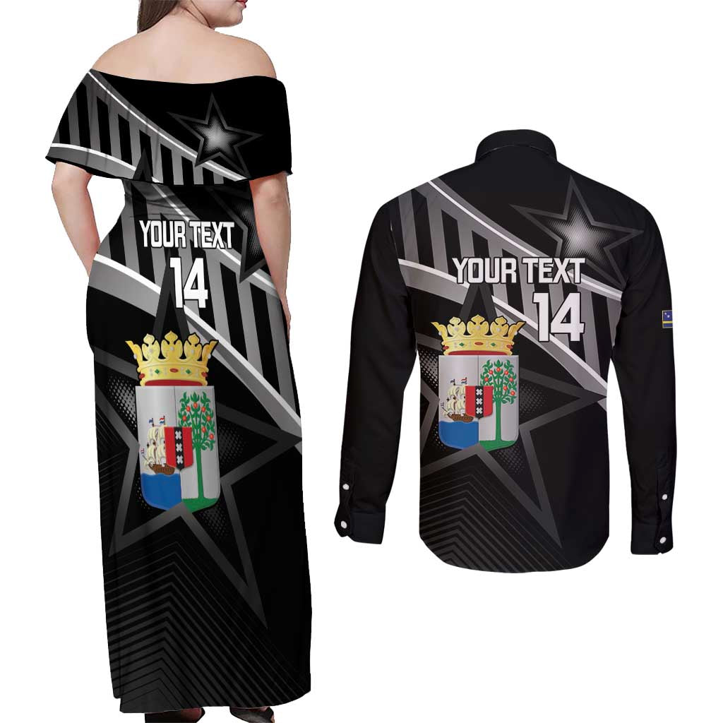 Custom Curacao Football Couples Matching Off Shoulder Maxi Dress and Long Sleeve Button Shirt Go La Familia Azul Black Style - Wonder Print Shop