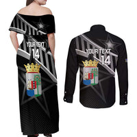 Custom Curacao Football Couples Matching Off Shoulder Maxi Dress and Long Sleeve Button Shirt Go La Familia Azul Black Style - Wonder Print Shop