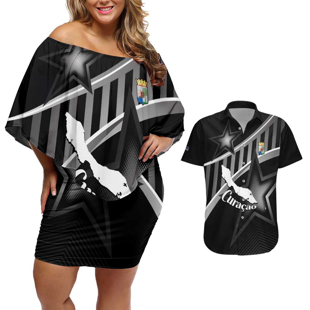 Custom Curacao Football Couples Matching Off Shoulder Short Dress and Hawaiian Shirt Go La Familia Azul Black Style - Wonder Print Shop