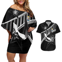 Custom Curacao Football Couples Matching Off Shoulder Short Dress and Hawaiian Shirt Go La Familia Azul Black Style - Wonder Print Shop