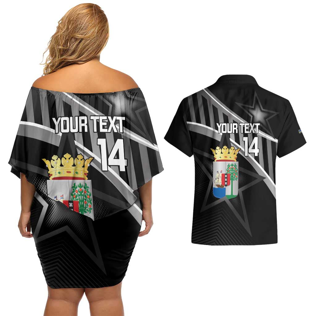 Custom Curacao Football Couples Matching Off Shoulder Short Dress and Hawaiian Shirt Go La Familia Azul Black Style - Wonder Print Shop