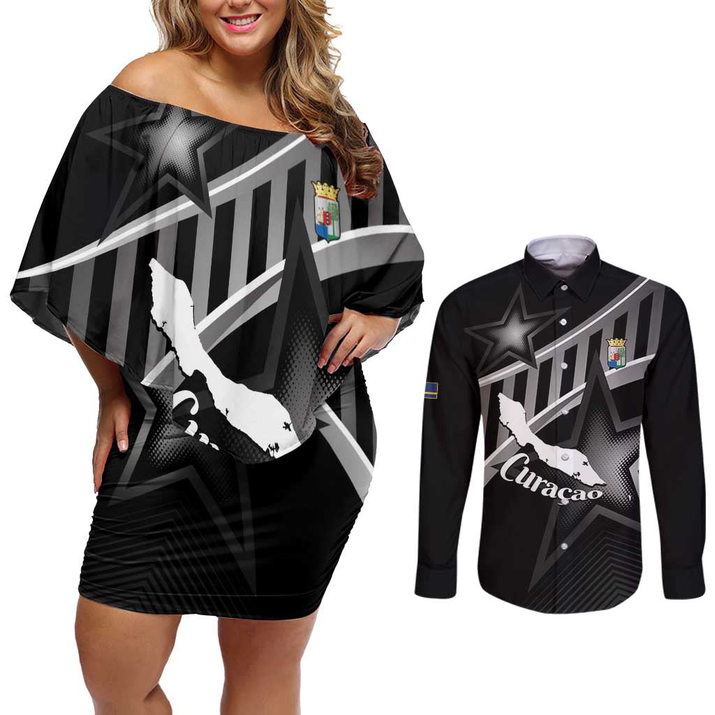 Custom Curacao Football Couples Matching Off Shoulder Short Dress and Long Sleeve Button Shirt Go La Familia Azul Black Style - Wonder Print Shop