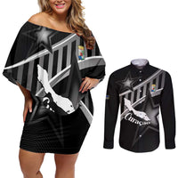 Custom Curacao Football Couples Matching Off Shoulder Short Dress and Long Sleeve Button Shirt Go La Familia Azul Black Style - Wonder Print Shop