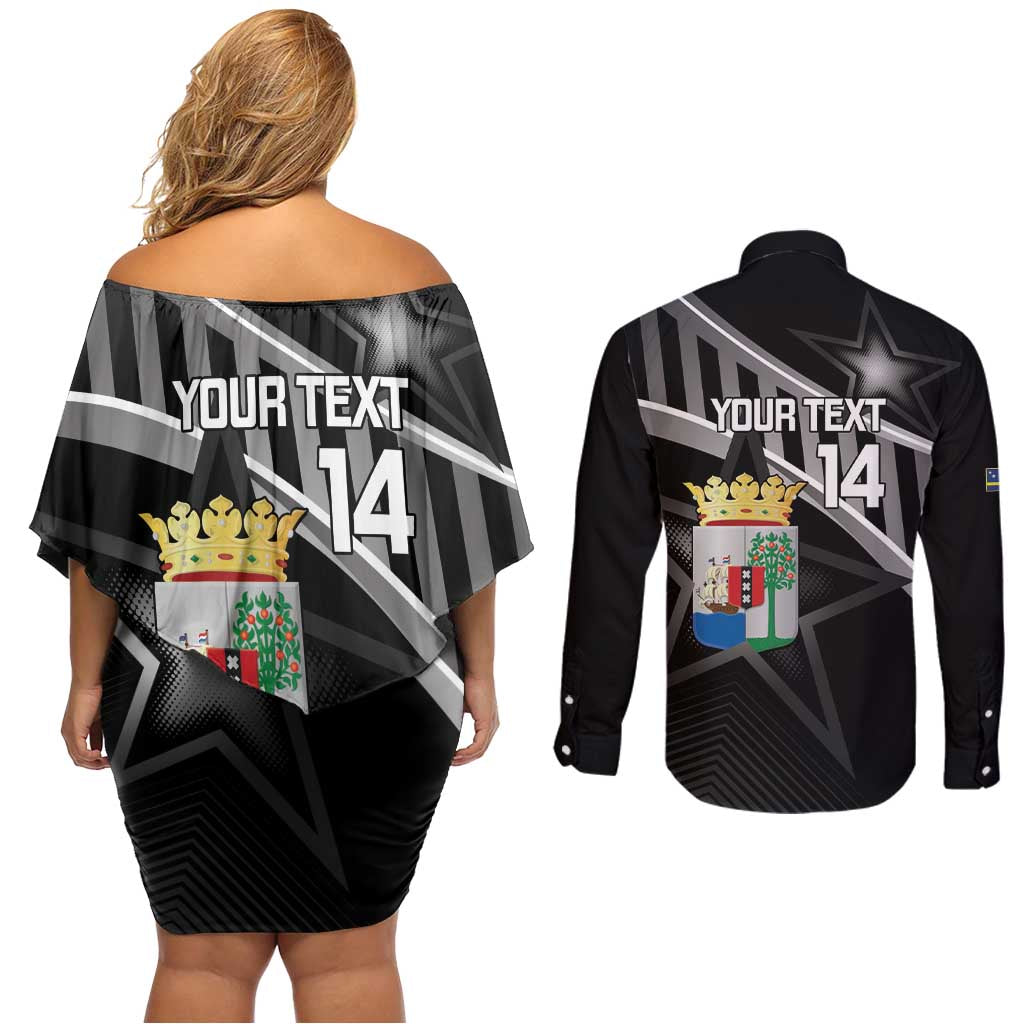 Custom Curacao Football Couples Matching Off Shoulder Short Dress and Long Sleeve Button Shirt Go La Familia Azul Black Style - Wonder Print Shop