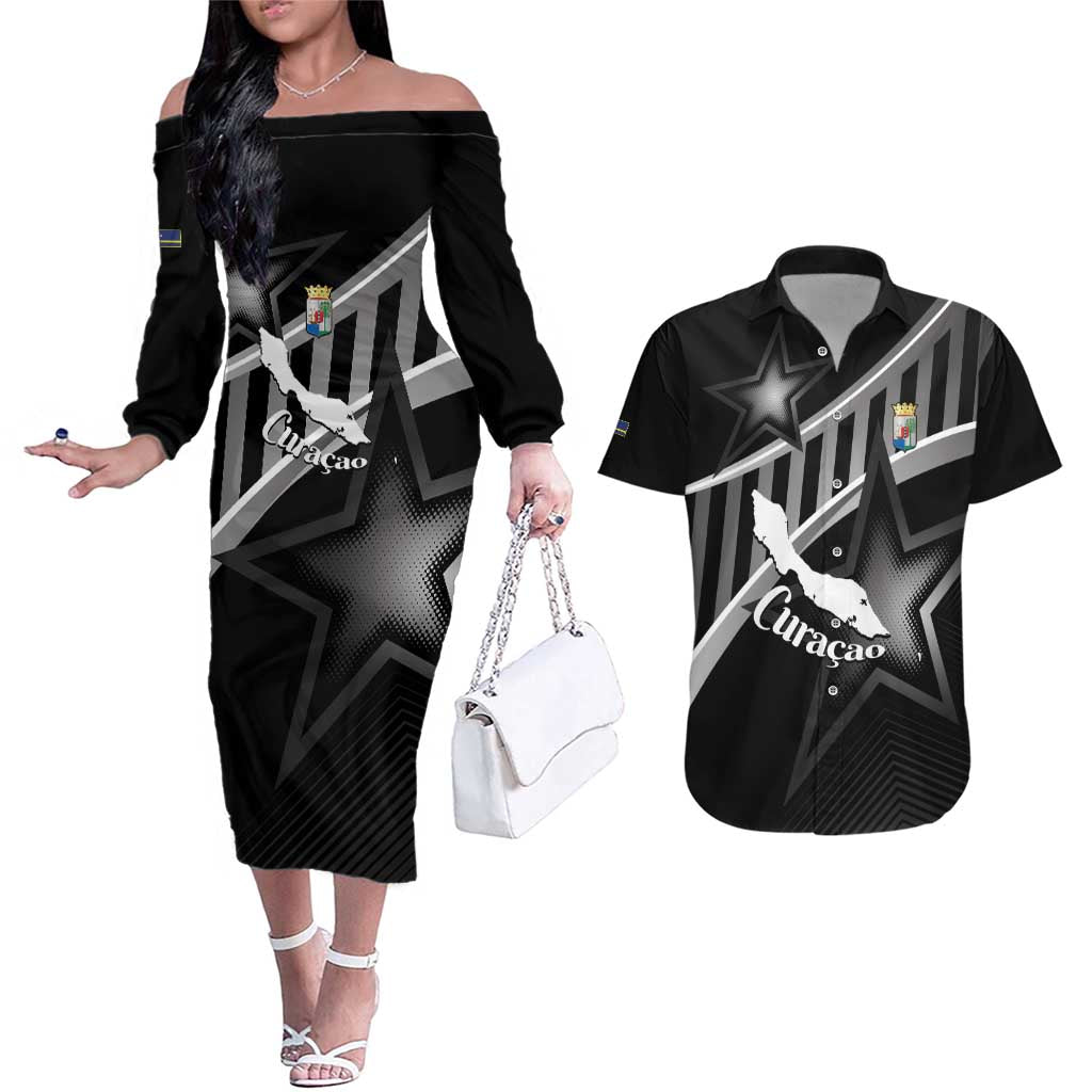 Custom Curacao Football Couples Matching Off The Shoulder Long Sleeve Dress and Hawaiian Shirt Go La Familia Azul Black Style - Wonder Print Shop