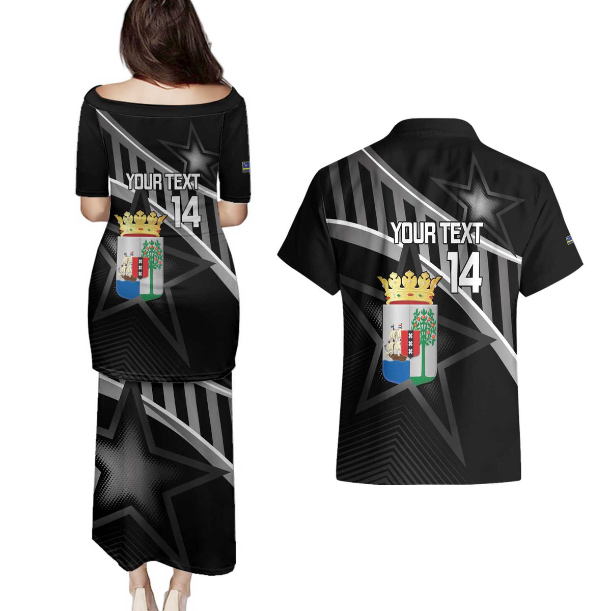 Custom Curacao Football Couples Matching Puletasi and Hawaiian Shirt Go La Familia Azul Black Style - Wonder Print Shop