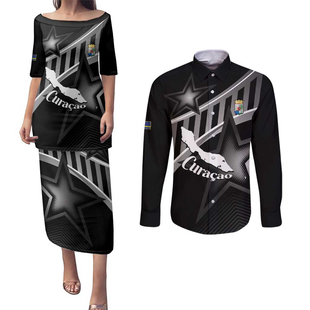 Custom Curacao Football Couples Matching Puletasi and Long Sleeve Button Shirt Go La Familia Azul Black Style - Wonder Print Shop