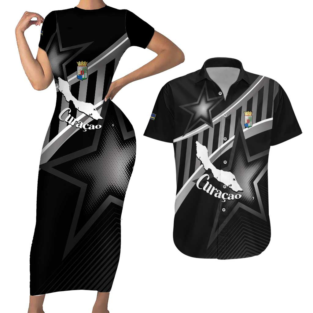 Custom Curacao Football Couples Matching Short Sleeve Bodycon Dress and Hawaiian Shirt Go La Familia Azul Black Style - Wonder Print Shop