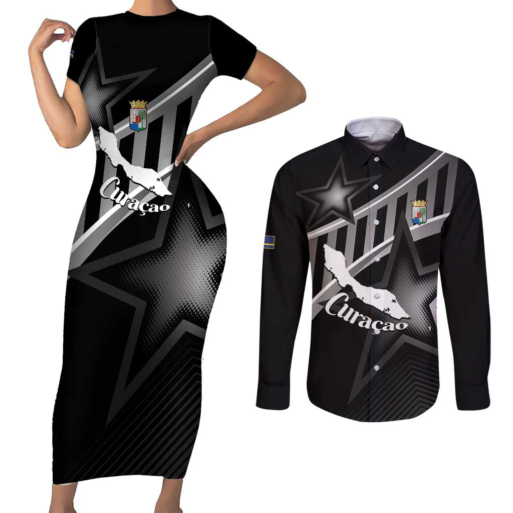 Custom Curacao Football Couples Matching Short Sleeve Bodycon Dress and Long Sleeve Button Shirt Go La Familia Azul Black Style - Wonder Print Shop