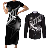 Custom Curacao Football Couples Matching Short Sleeve Bodycon Dress and Long Sleeve Button Shirt Go La Familia Azul Black Style - Wonder Print Shop