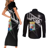 Custom Curacao Football Couples Matching Short Sleeve Bodycon Dress and Long Sleeve Button Shirt Go La Familia Azul Black Style - Wonder Print Shop
