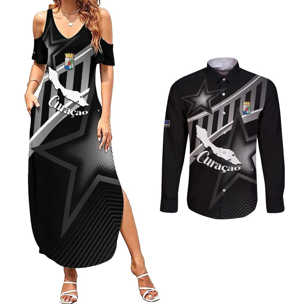 Custom Curacao Football Couples Matching Summer Maxi Dress and Long Sleeve Button Shirt Go La Familia Azul Black Style - Wonder Print Shop