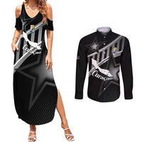 Custom Curacao Football Couples Matching Summer Maxi Dress and Long Sleeve Button Shirt Go La Familia Azul Black Style - Wonder Print Shop