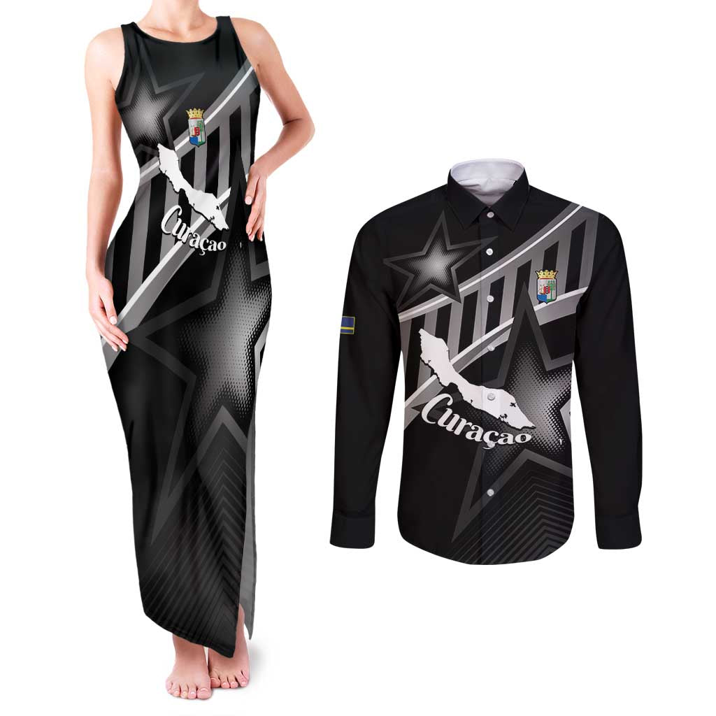 Custom Curacao Football Couples Matching Tank Maxi Dress and Long Sleeve Button Shirt Go La Familia Azul Black Style - Wonder Print Shop