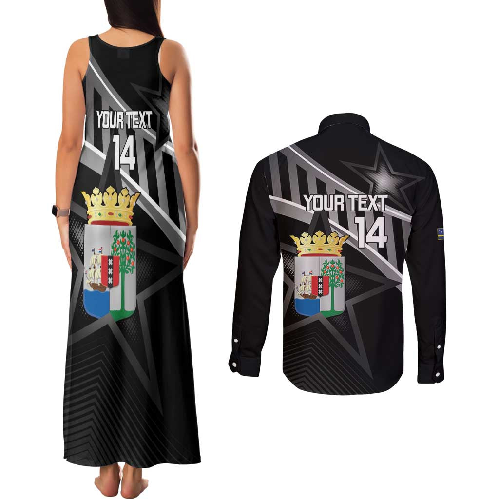 Custom Curacao Football Couples Matching Tank Maxi Dress and Long Sleeve Button Shirt Go La Familia Azul Black Style - Wonder Print Shop
