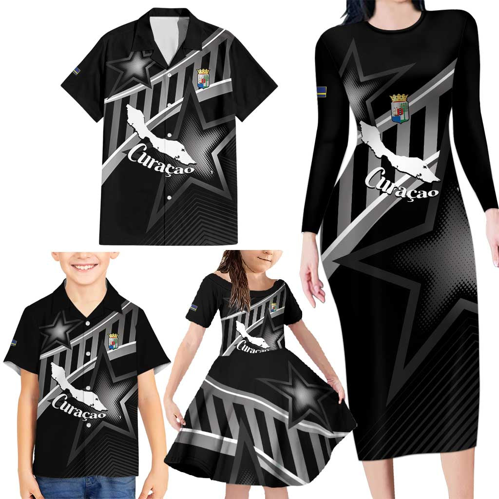 Custom Curacao Football Family Matching Long Sleeve Bodycon Dress and Hawaiian Shirt Go La Familia Azul Black Style - Wonder Print Shop