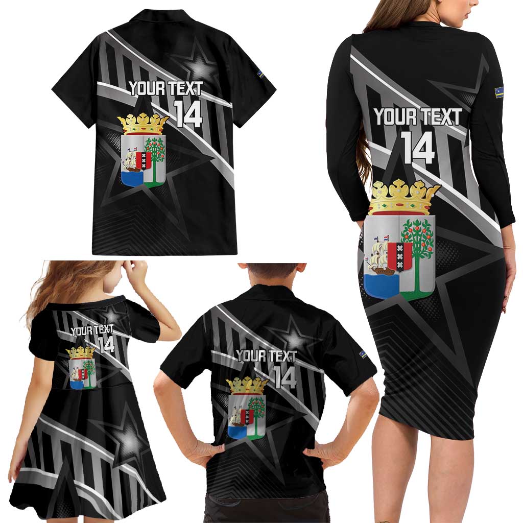 Custom Curacao Football Family Matching Long Sleeve Bodycon Dress and Hawaiian Shirt Go La Familia Azul Black Style - Wonder Print Shop