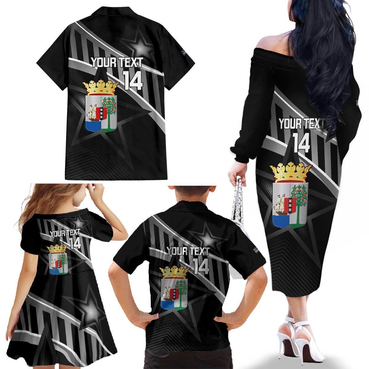 Custom Curacao Football Family Matching Off The Shoulder Long Sleeve Dress and Hawaiian Shirt Go La Familia Azul Black Style - Wonder Print Shop