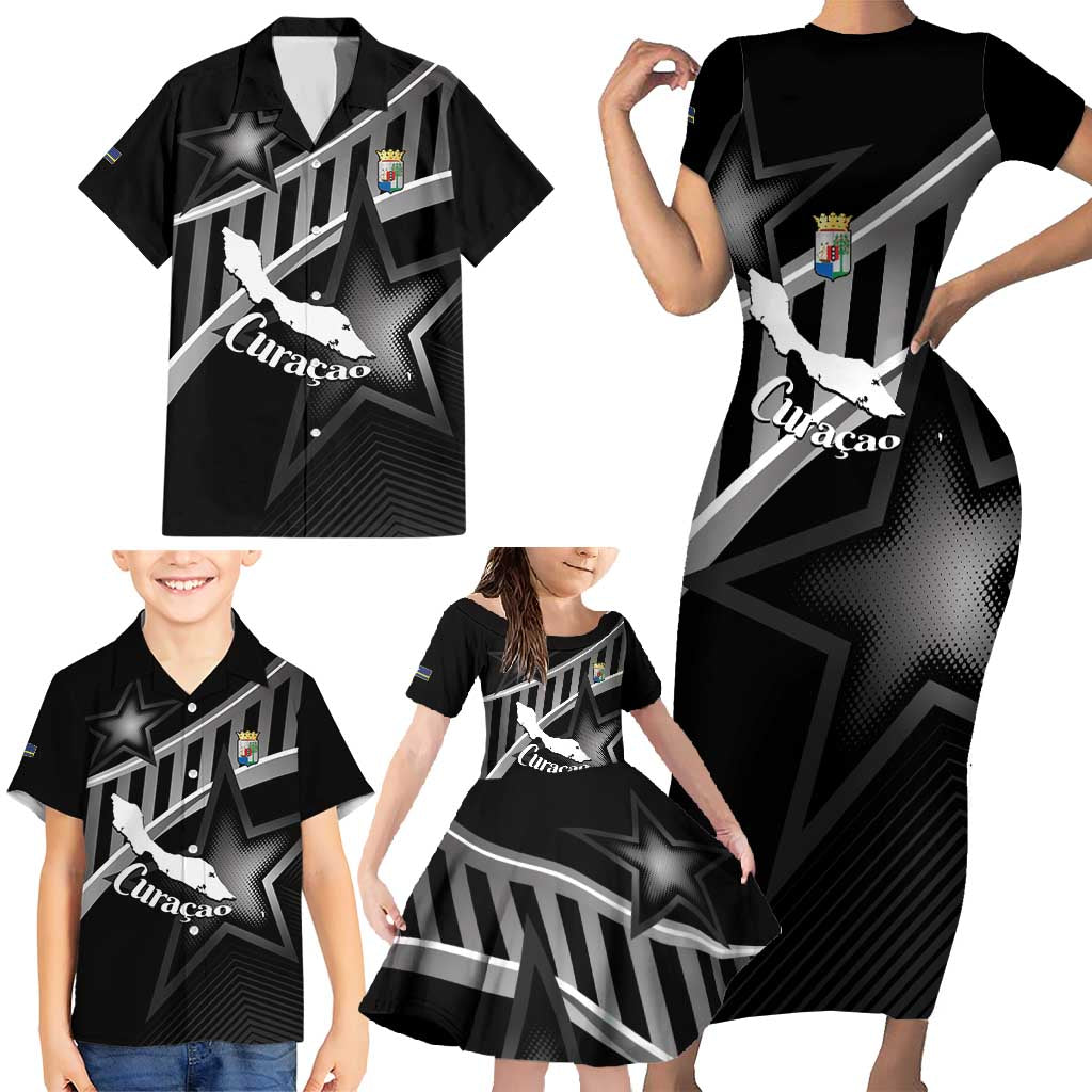 Custom Curacao Football Family Matching Short Sleeve Bodycon Dress and Hawaiian Shirt Go La Familia Azul Black Style - Wonder Print Shop