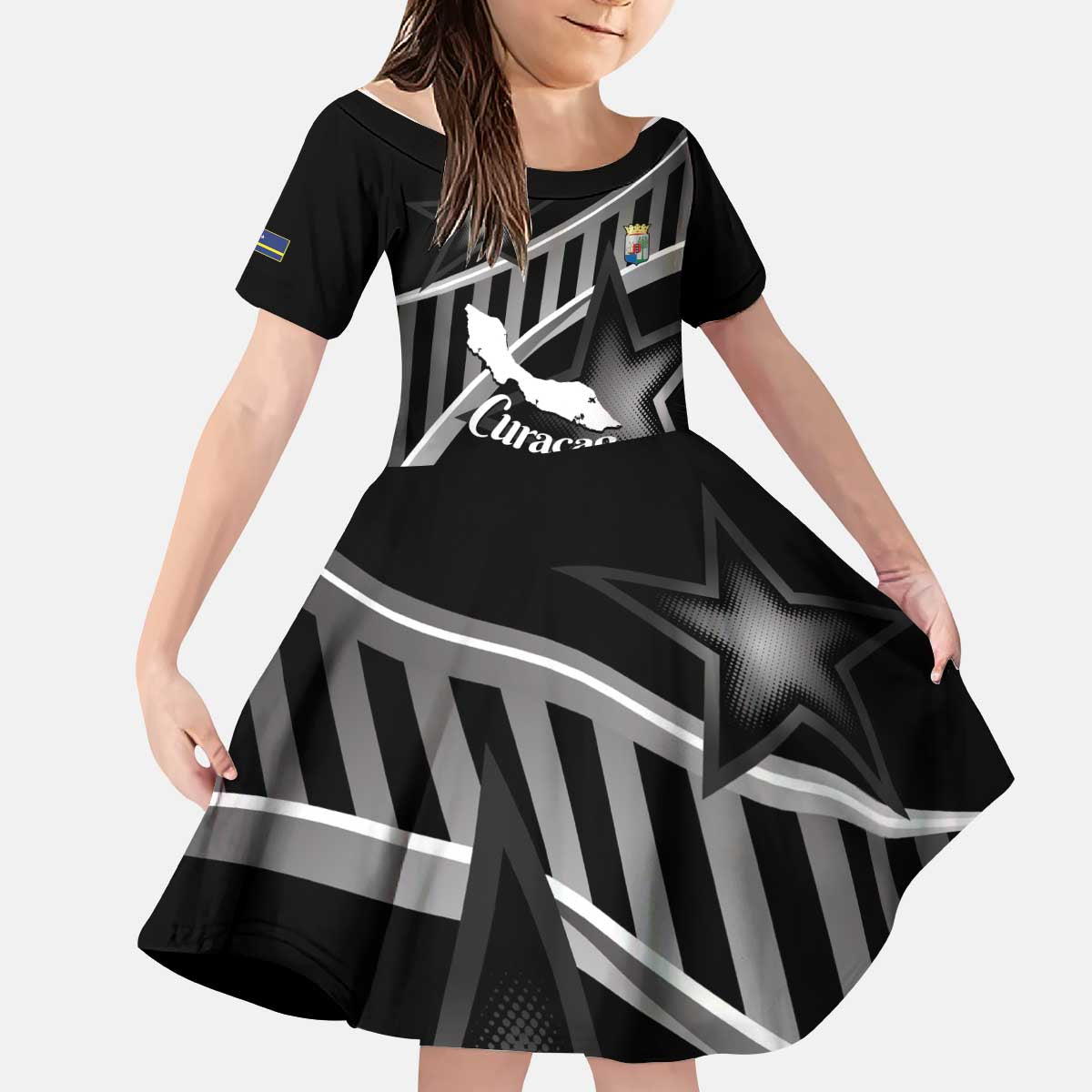 Custom Curacao Football Kid Short Sleeve Dress Go La Familia Azul Black Style - Wonder Print Shop