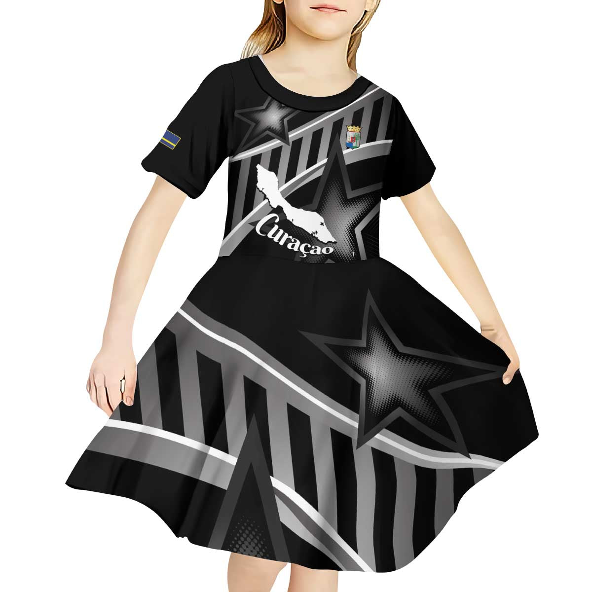 Custom Curacao Football Kid Short Sleeve Dress Go La Familia Azul Black Style - Wonder Print Shop