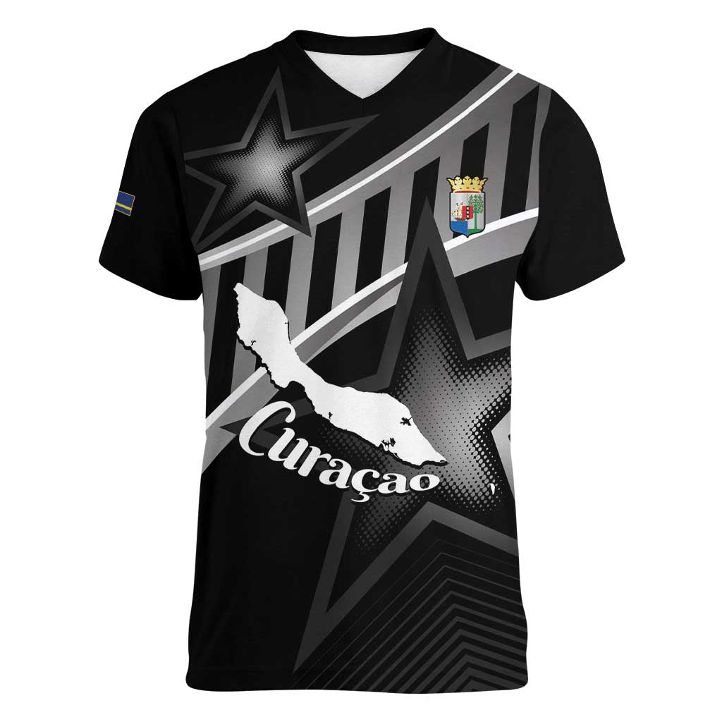 Custom Curacao Football Women V-Neck T-Shirt Go La Familia Azul Black Style - Wonder Print Shop