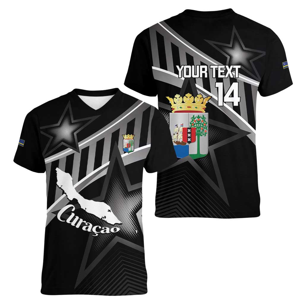 Custom Curacao Football Women V-Neck T-Shirt Go La Familia Azul Black Style - Wonder Print Shop